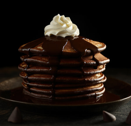 Stack of pancakes with chocolate syrup and whipped cream on a dark backgroundの素材