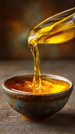 Honey pouring from a spoon into a bowl on rustic backgroundの素材