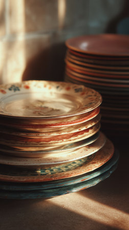 Close-up of colorful ceramic plates and bowls in sunlight. Selective focus.の素材