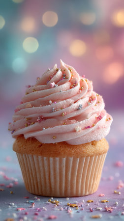 Cupcake with pink frosting and sprinkles on colorful backgroundの素材