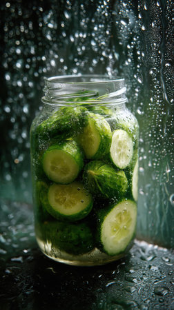 Cucumber water in a glass jar with drops on a dark backgroundの素材