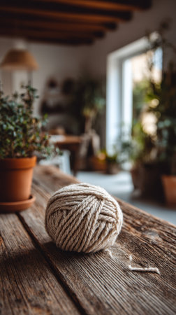 A ball of yarn on a wooden table in a cozy home interiorの素材