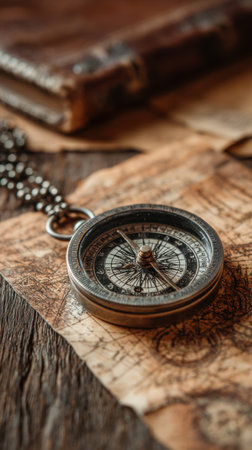 Compass and old map on a wooden table. Vintage style.の素材