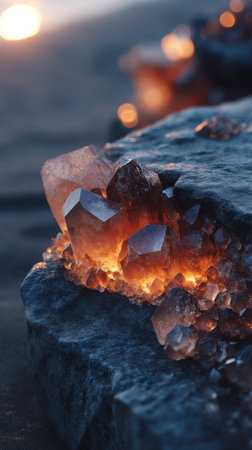 Close-up view of crystal gemstone on black stone background.の素材