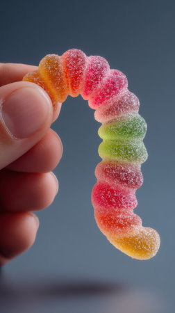 Colorful jelly candies in hand on gray background. Close upの素材
