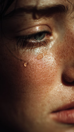 Close-up portrait of a young woman with water drops on her faceの素材