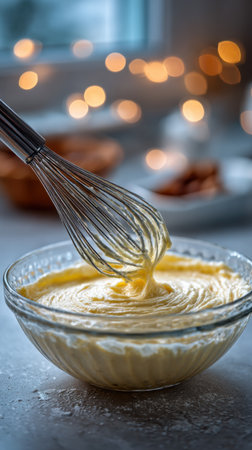 Close up of a bowl of mayonnaise and a whisk.の素材