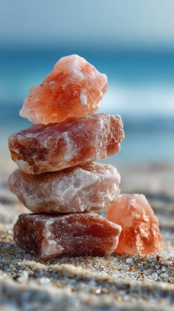 pink salt on the beach, closeup of photo with shallow depth of fieldの素材