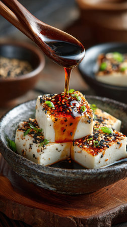 Tofu with sesame seeds and soy sauce on a wooden tableの素材