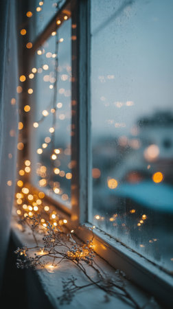 Glowing garland on the window with bokeh background.の素材
