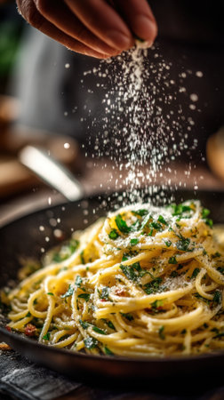Spaghetti Carbonara with Parmesan Cheese and Parsley in Black Dishの素材