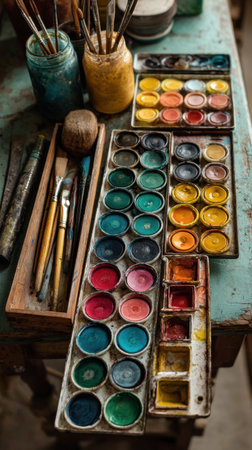 A set of watercolor paints and brushes for painting on the tableの素材