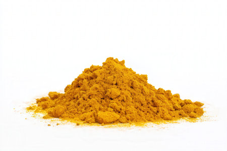 Turmeric powder isolated on white background. Indian spice. Top view.の素材