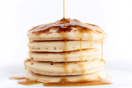 Pancakes with honey on a white background, close-upの素材