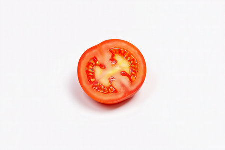 Slice of tomato isolated on white background. Top view. Flat lay.の素材
