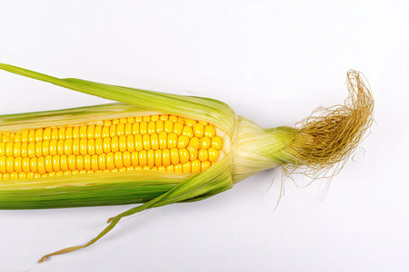 Fresh corn on the cob isolated on a white background. Top view.の素材