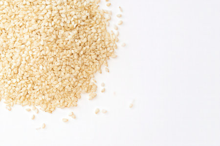 Sesame seeds on a white background. Top view. Flat lay.の素材