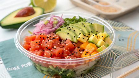 Hawaiian salmon poke bowl with avocado, cucumber, red onion and sesame seedsの素材