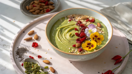 Green smoothie bowl with oatmeal, raspberries, almonds, chia seeds, pistachios, flax seeds on white backgroundの素材