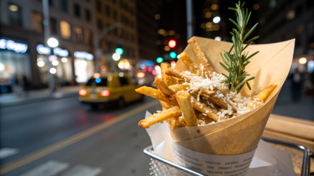 French fries in a paper box on a street in New York Cityの素材