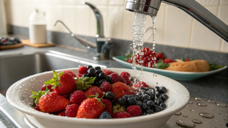 Water flows from faucet into bowl with fresh berries in kitchenの素材