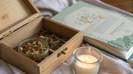 Wooden box with dried herbs, candles and book on the bedの素材