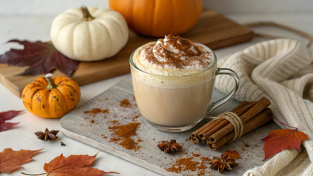 Pumpkin latte with whipped cream, cinnamon and autumn leaves on white backgroundの素材