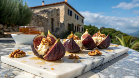 Fresh figs with honey and walnuts on white marble board in Tuscanyの素材