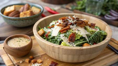 Caesar salad in wooden bowl on rustic background, close upの素材