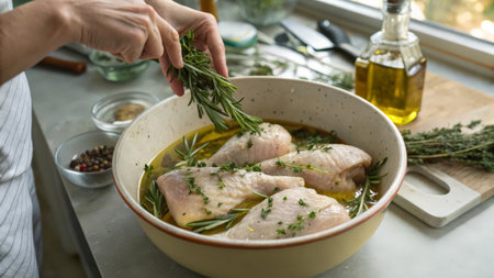 Woman cooking chicken fillet with rosemary and spices in kitchen, closeupの素材