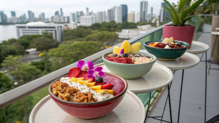 Healthy breakfast with oatmeal, fruits and berries on balcony with city viewの素材
