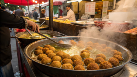 Fried meatballs at street food market in Bangkok, Thailand.の素材