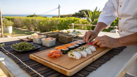 Sushi on a wooden table in a restaurant on the beach.の素材