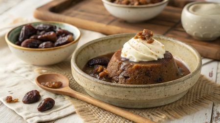 Chocolate pudding with raisins and vanilla ice cream in ceramic bowlの素材