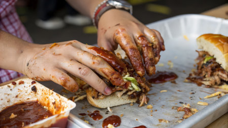 Hands of a young woman eating hamburger at a fast food restaurantの素材