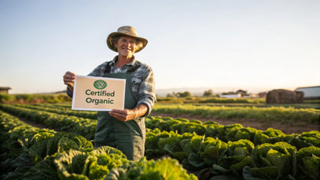 Farmer holding a sign with the words organic vegetables on a fieldの素材