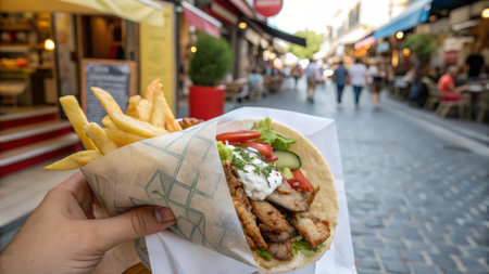 Tasty kebab in a paper bag with french fries on the streetの素材