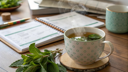Cup of hot green tea with mint leaves on the wooden tableの素材