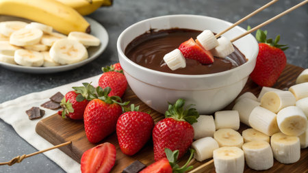 Chocolate fondue with strawberries and bananas on wooden board, closeupの素材
