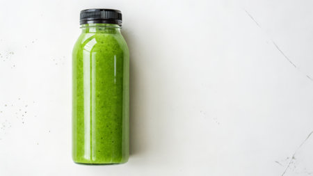 Green smoothie in a bottle on a white background, copy spaceの素材