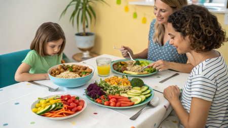 Portrait of mother and daughter eating healthy food at table in kitchenの素材