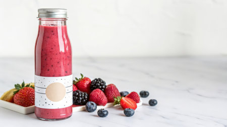 Healthy berry smoothie in a bottle on a white marble backgroundの素材