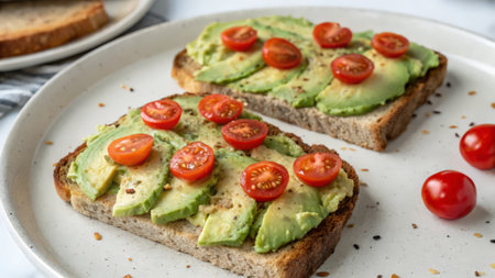 Delicious toast with avocado and cherry tomatoes on plate, closeupの素材