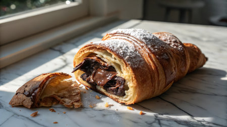 Chocolate croissant on white marble table with copy space.の素材