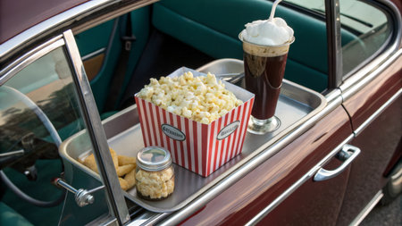 Coffee and popcorn in a red box in a retro carの素材