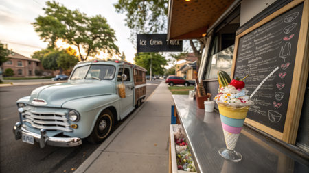 Coffee shop with ice cream on a street in the cityの素材