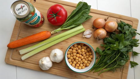 Vegetables and canned food on wooden cutting board, top viewの素材