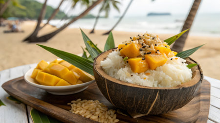 Sticky rice with mango in coconut bowl on wooden table and sea backgroundの素材