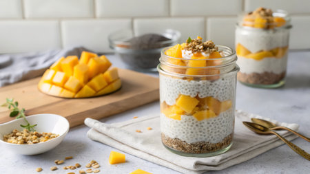 Chia seed pudding with mango and granola in a glass jarの素材