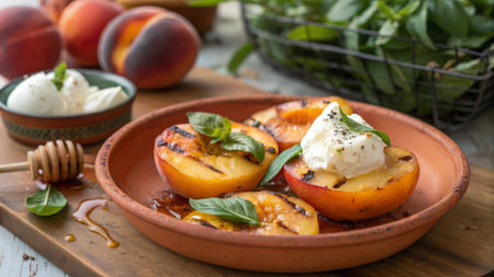 Baked peaches with mozzarella and basil, selective focusの素材